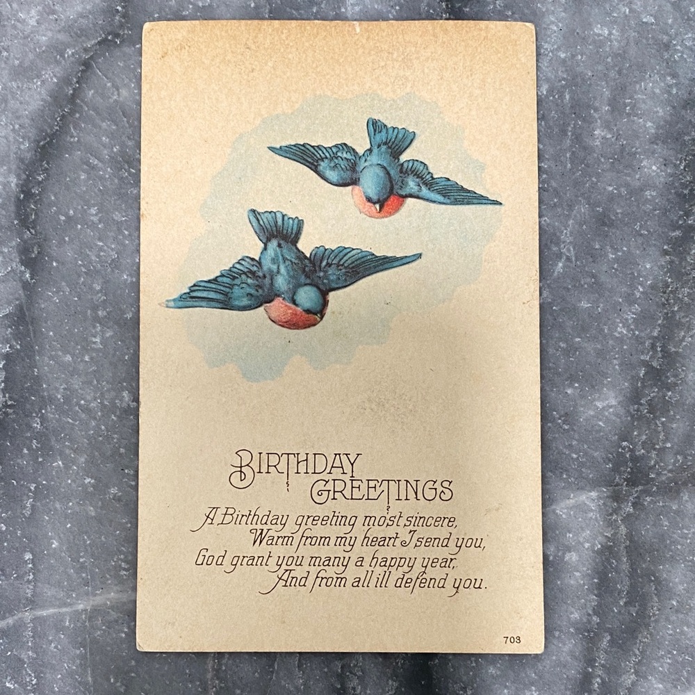 Vintage Blue and Red Bird Birthday Card. historical, nastalgia, used.